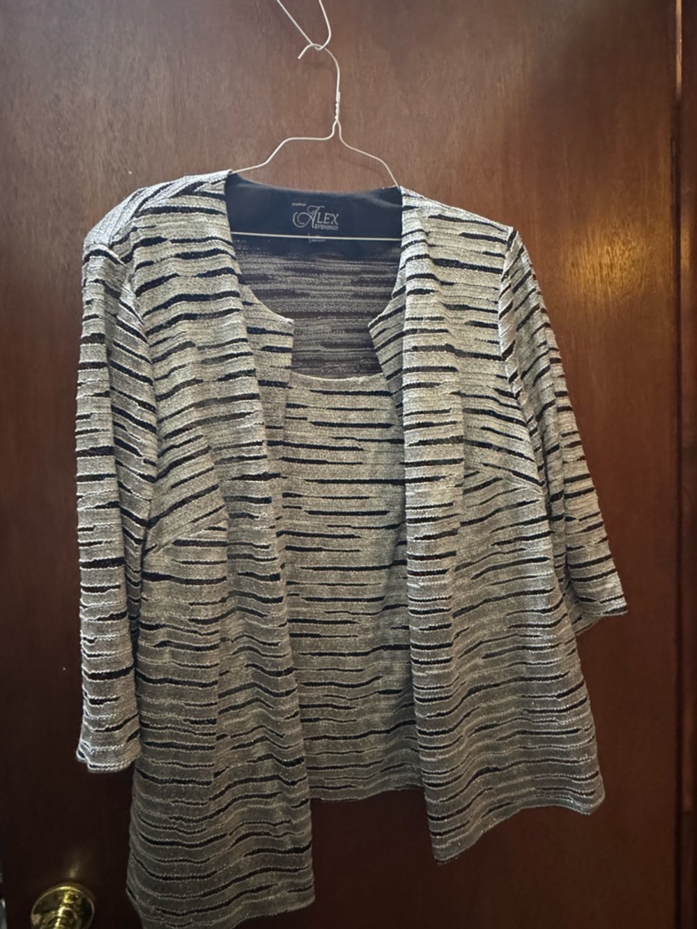 Alex Evenings Black and Cream Glitter Striped Open-Front Knit Cardigan